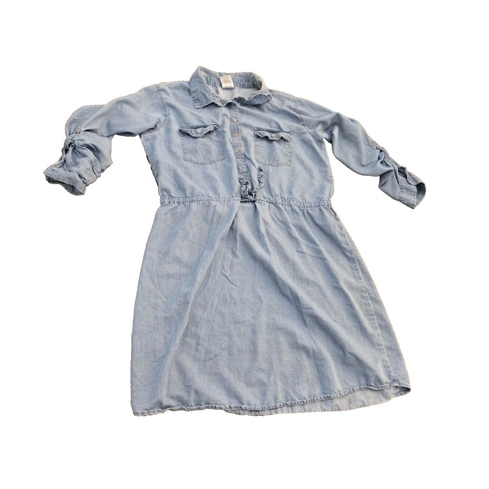 Serra Womens L Denim Blue Chambray Dress Button Front Roll Tab Sleeves